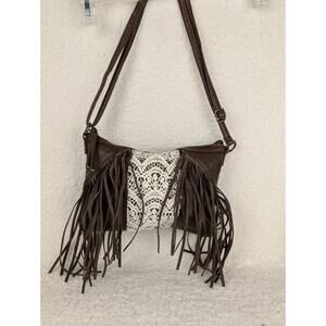 T-shirt And Jeans Brown Fringe Faux Leather & Lace Boho Crossbody Bag Purse
